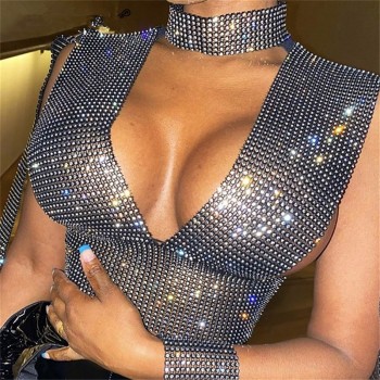 Bonnie Forest Sparkle Rhinestone Diamante Slit Sleeve Crop Top Women Glitter Sexy Deep V Neck Crystal Studded T Shirt Rave Wear
